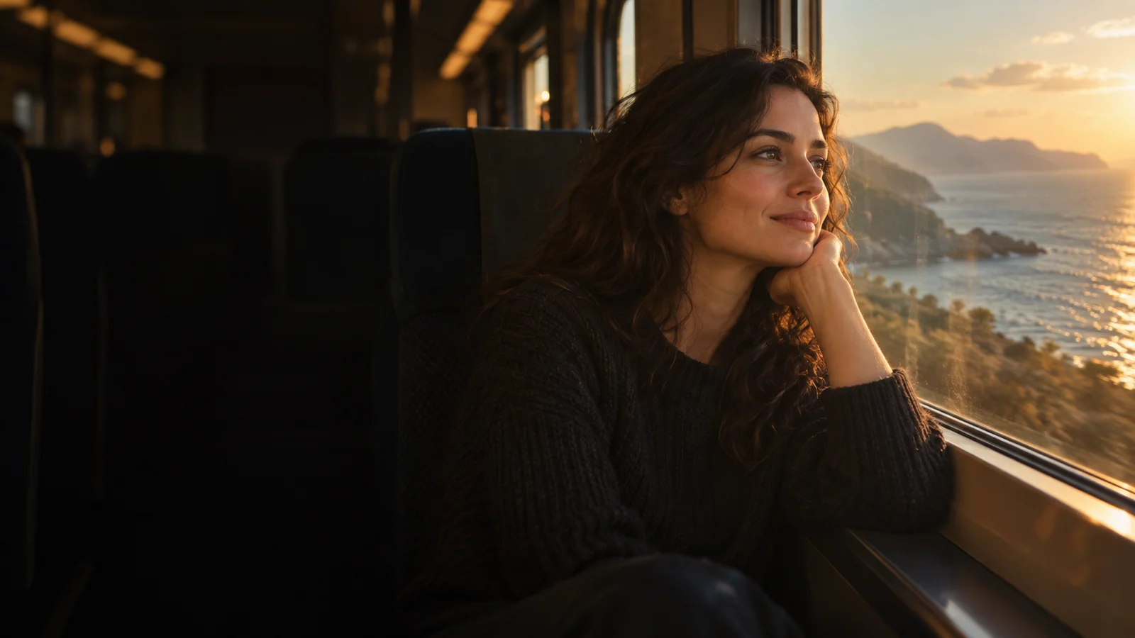 A woman looking at the sea from an evening train
